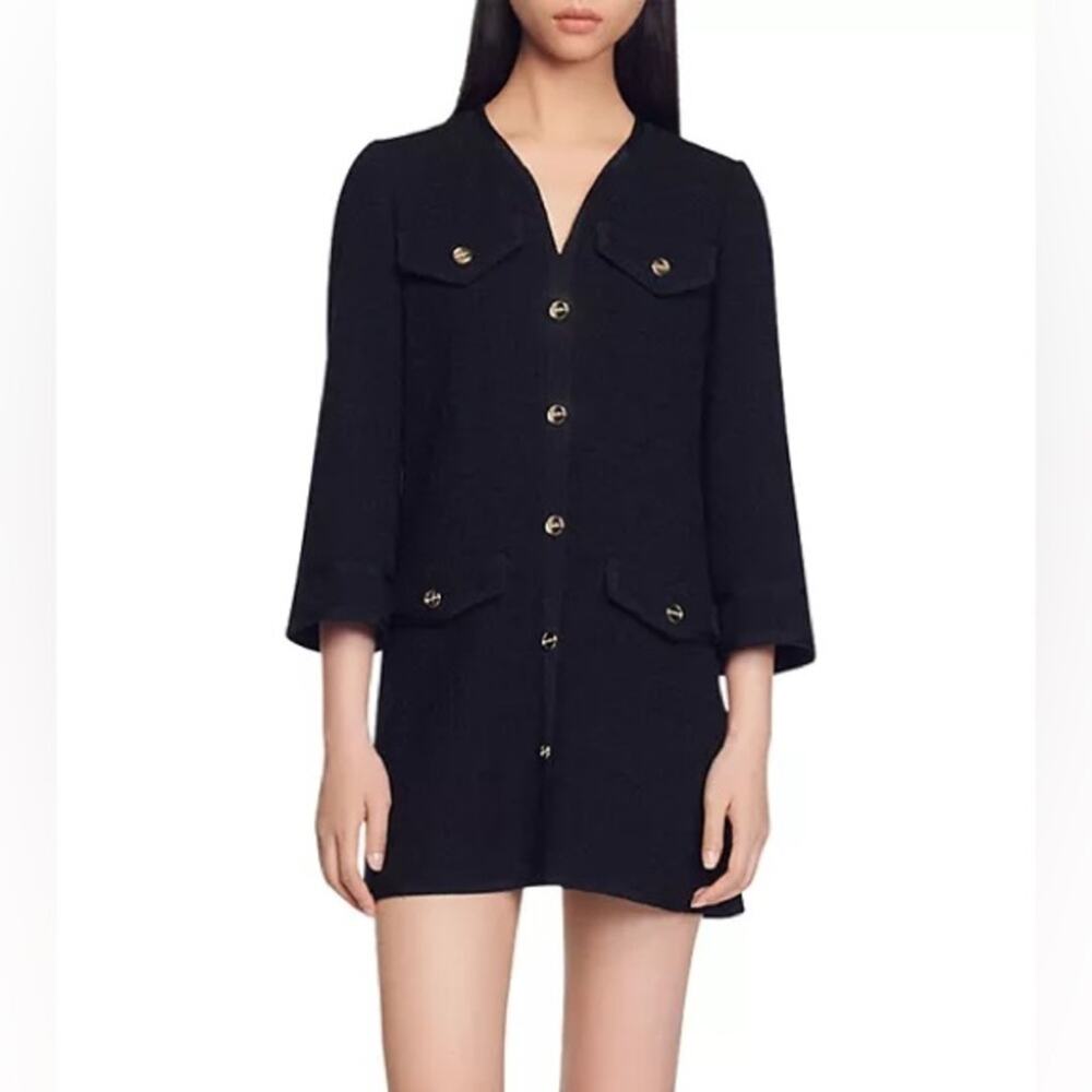Sandro Keren Black Tweed Mini Dress Modern Classic NWT Sz 36/4